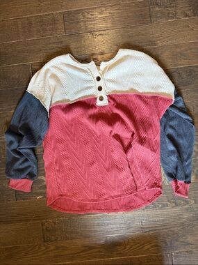 7th Ray Colorblock Henley Top in Cream, Pink, and Navy